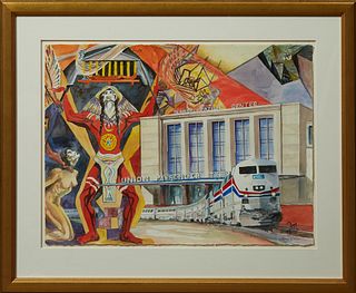 William T. McInnis, "Union Passenger Terminal, New Orleans," 20th c., watercolor, signed lower right, presented in a gilt frame. Not...