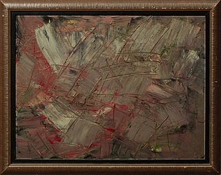 Patrick Boudon (1944-1988), "Abstract," 20th c., oil on masonite, signed lower right, presented in a reeded silvered wood frame, H.- 19...
