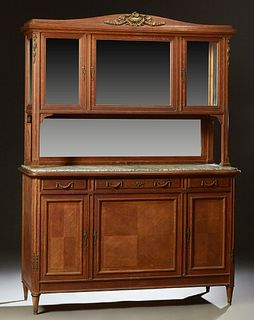French Ormolu Mounted Louis XVI Style Carved Oak Marble Top Buffet a Deux Corps, early 20th c., the arched crest over an ogee crown...