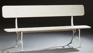 French Pine and Wrought Iron Garden Bench, 20th c., with a plank back and seat, on iron trestle supports, in white paint, H.- 32 3/4...