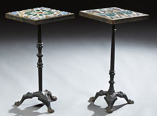 Pair of Tile Top Wrought Iron End Tables, 20th c., on ring turned iron supports to relief tripodal iron feet, H.- 22 3/4 in., W.- 11...