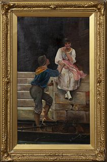 O. Goodman, "Courting Couple," oil on canvas, c. 1910, signed and dated lower right, presented in an ornate gilt and gesso frame, H....