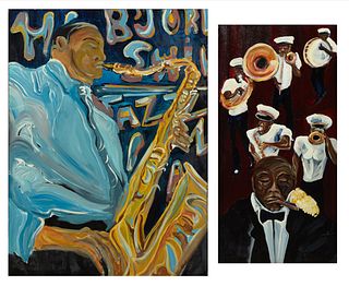 Rudy Rowell (1963-2009, Bogalusa, Louisiana), "Procession," 2007, and "Swing," 2007, two oils on canvas, each signed lower right, ti...