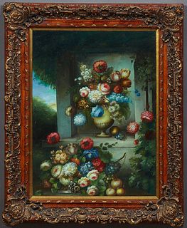 Chinese School, "Still Life of Flowers and Fruit," 20th/21st c., large oil on canvas, presented in a wide ornate relief carved woode...