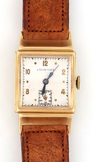 14K Yellow Gold Longines Vintage Tank Wristwatch, with a curved crystal and a weathered leather band, not running, Watch- H.- 1 1/4...