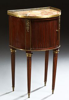French Louis XVI Style Mahogany Demilune Marble Top Nightstand, late 19th c., the three quarter pierced brass gallery surrounding a...
