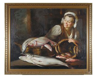 JOSE PUYET, Oil on Canvas, Woman with Fish