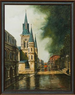 James Hussey (1931- , New Orleans), "St. Louis Cathedral," 20th c., oil on canvas, signed lower right, presented in a polychromed re...