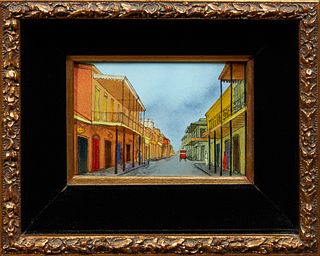 Daniel Belliard Sigal, "French Quarter Street Scene," 20th c., enamel on convex copper, signed lower left, presented in a gilt relie...
