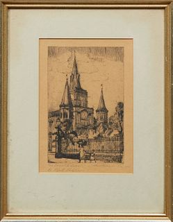 Knute Heldner (1877-1952, New Orleans), "St. Louis Cathedral," etching, pencil signed and titled lower margin, presented in a narrow...