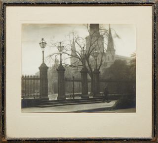 New Orleans School, "Fog Shrouded Jackson Square and Cathedral," 20th c., bromide photograph, unsigned, presented in a gilt frame, H...
