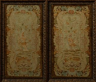 Pair of Antique Victorian Framed Needlepoint Panels, 19th c., depicting a musical couple, presented in matching ornate gilt and gess...