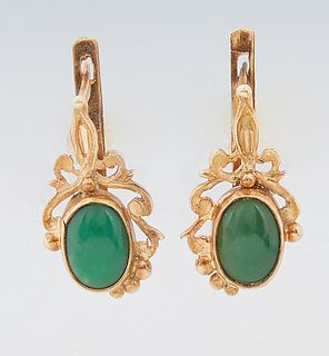 Pair of Rose Gold Pierced Half Hoop Earrings, each with a cabochon jade stone within a pierced border, H.- 11/16 in., W.- 7/16 in.