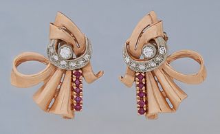 Pair of 14K Rose Gold Art Deco Ruby and Diamond Clip Earrings, early 20th c., each with a central 15 point round diamond, beneath a ...