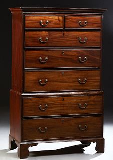 Diminutive English Mahogany Chest-on-Chest, late 19th c., the top with a stepped crown above two frieze drawers, over three deep dra...