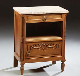 French Louis XVI Style Carved Cherry Marble Top Nightstand, 20th c