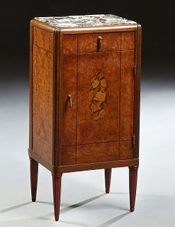 French Art Deco Inlaid Walnut Marble Top Nightstand, c. 1930, the inset highly figured Breche d'Alpes marble over a frieze drawer an...