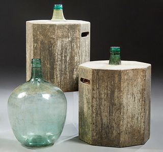 Group of Three French Mold Blown Green Glass Wine Carboys, 19th c., two in octagonal wood crates, Largest- H.- 22 in., W.- 15 in., D...