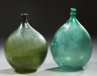 Pair of French Large Green Mold Blown Wine Carboys, 19th c., H.- 29 in., Dia.- 20 in.