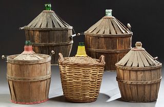 Five French Mold Blown Glass Wine Carboys, 19th c., in slatted willow carrying baskets (5 Pcs.) Largest - H. - 23 in., Dia. - 18 in.