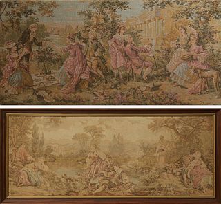Two French Tapestries, 20th c., one with lovers in a garden, framed; together with a garden party, unframed H.- 22 3/4 in., W.- 58 1...