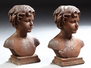 Pair of Cast Iron Male Busts, 20th/21st c., on stepped square plinths, H.- 15 in., W.- 10 1/2 in., D.- 6 in., (2 Pcs.)