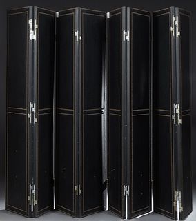 French Black Leather Eight Panel Dressing Screen, 20th c