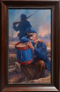 Charles Ewing, "Union Drummer Boy," 20th c., oil on masonite, signed lower left, presented in a mahogany frame with a large beaded l...