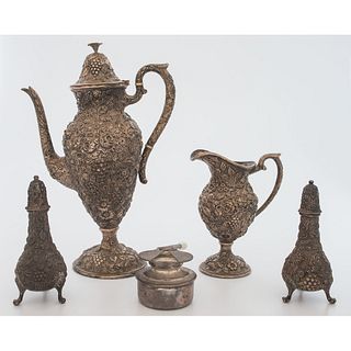 A Loring Andrews Repoussé Silver Coffee Pot and Creamer, PLUS