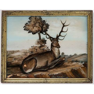 A Pair of German Reverse-Painted Stag Paintings, Circa 1808
