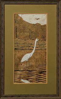 James "Mac" Anderson (1907-1998, Mississippi), "Great Egret," 1981, block print and watercolor, signed and dated lower right, presen...