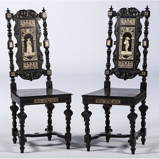 A Pair of Italian Ebonized and Inlaid Chairs 