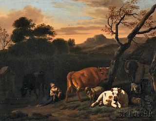 Dutch School, 19th Century      Shepherdess with Livestock at Sundown