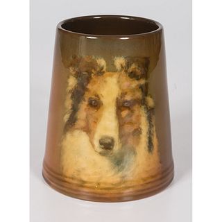 A Rookwood Pottery Standard Glaze Collie Mug by E.T. Hurley