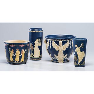 Four Weller Vases and Jardinieres with Neoclassical Motifs