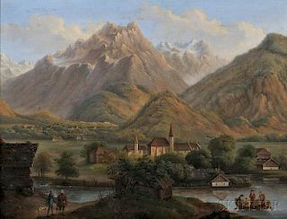 Marcus Pernhart (Austrian, 1824-1871)      Mountain Valley with Church, River, and Distant Village