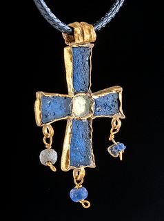 8th C. Byzantine 24K Gold Crucifix Pendant Blue Glass Inlay