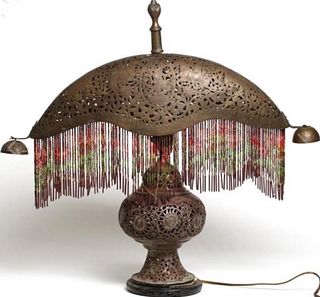Antique Indian Open Work Beaded & Brass Lamp