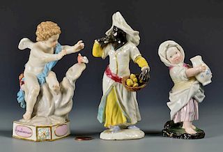 2 German Porcelain Figurines and 1 Meissen Putto Cherub