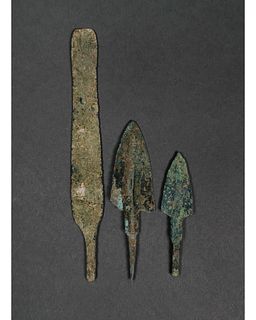 ANCIENT GREEK BRONZE SPEARS (2) AND BLADE (1)