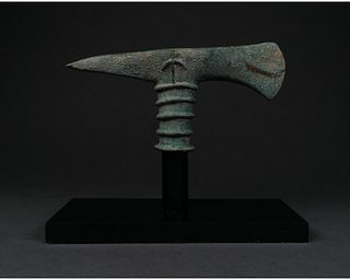 ANCIENT BRONZE AGE DECORATED AXE ON STAND