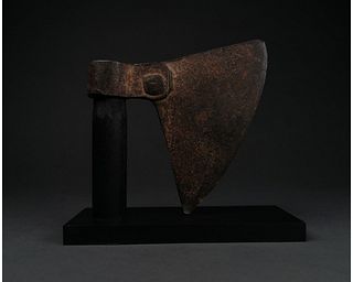 MEDIEVAL IRON AXE HEAD ON STAND