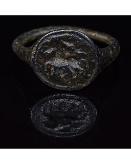 MIGRATION PERIOD BRONZE RING WITH HORSE RIDER
