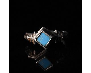 MEDIEVAL SILVER RING WITH BLUE GLASS INLAY