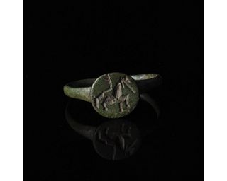 ROMAN BRONZE RING WITH LION AND SNAKE