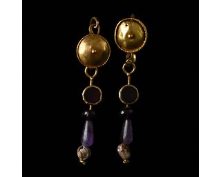 PAIR OF ROMAN GOLD AND AMETHYST EARRINGS