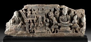 Rare Gandharan Schist Frieze - 2 Buddhas, Attendants