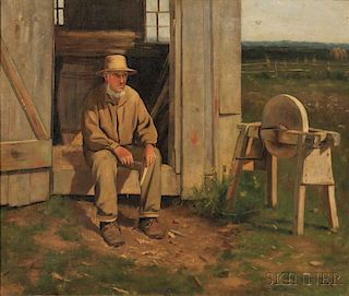 Arthur Hoeber (American, 1854-1915)      Portrait of a Man, Possibly Amish or Mennonite, with Sharpening Stone