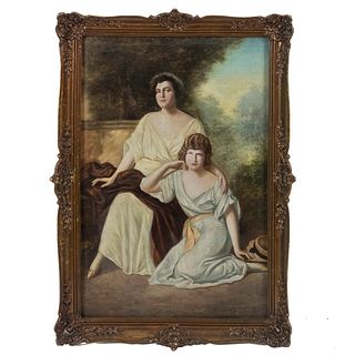 Escudero y Espronceda (España, siglo XIX).  Retrato con maternidad. Firmado.  Óleo sobre tela. Enmarcado.