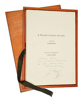 Buñuel, Luis. A Ricardo Corazón de León. México, 1981. 5 grabados de Julián Pablo; 5 Poemas de Buñuel. Edición de 40 carpetas.